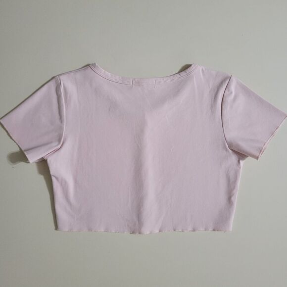Romwe Pink Cropped Roundneck Short Sleeve Button-Down Shirt - Picture 10 of 10